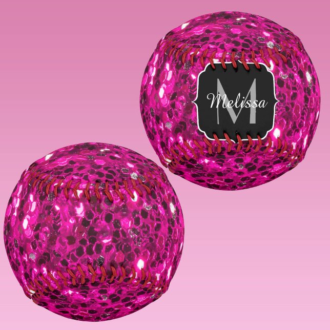 Balle De Softball Monogramme de parties scintillant étincelante rose (Hot pink sparkles Monogram Softball for her. Personalize with your custom initial and name.)