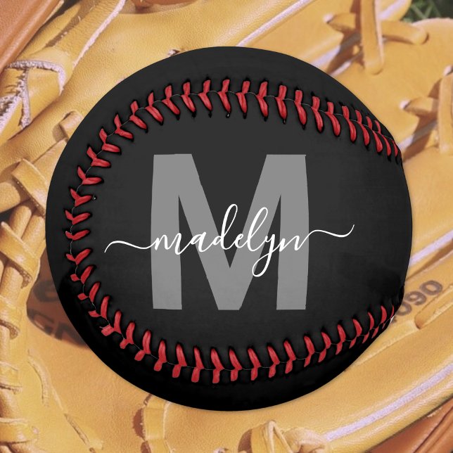 Balle De Softball Monogramme noir blanc (Black White Name Monogram Softball)