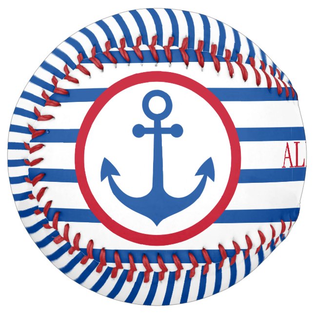 Balle De Softball Preppy Nautical Stripes and Anchor Personalized (Devant gauche)