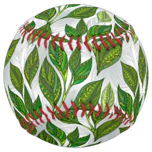 Balle De Softball Seamless Pattern with Green Tea Leaves