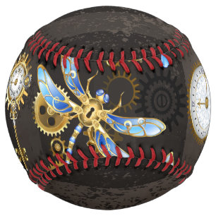Balle De Softball Steampunk Dragonflies on brown striped background