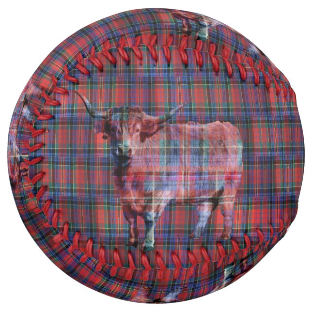 Balle De Softball Vache Highland Sur Tartan Bleu Rouge, (Devant gauche)