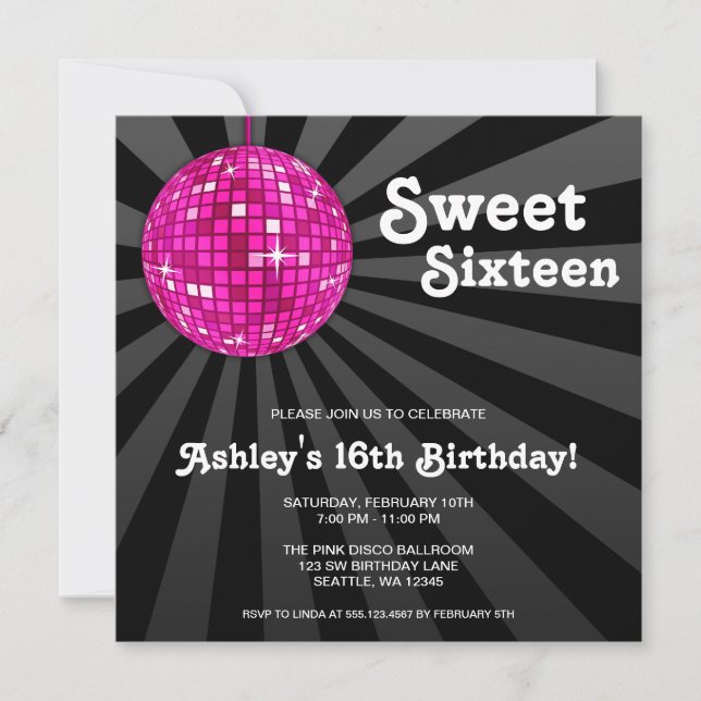 Balle en boîte rose 16 invitations d'anniversaire (Devant)