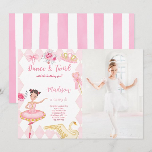 Ballerina 8th Birthday Photo Invitation  (Front/Back)