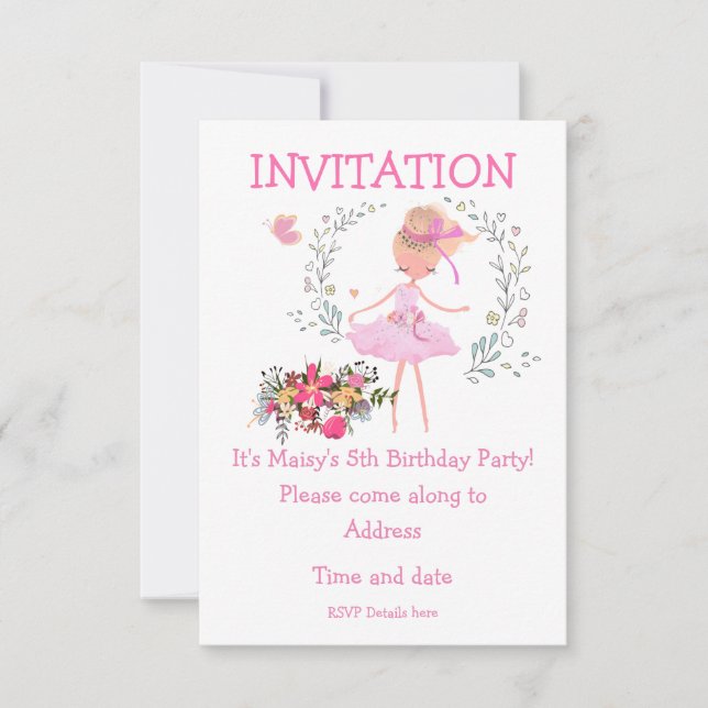 Ballerina and Floral Design Birthday Invite (Front)