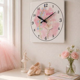 Ballerina and Lily of the Valley Floral on Pink Square Wall Clock