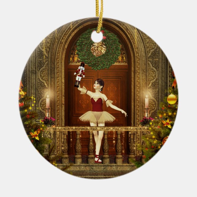 Ballerina and Nutcracker Ceramic Holiday Ornament (Front)