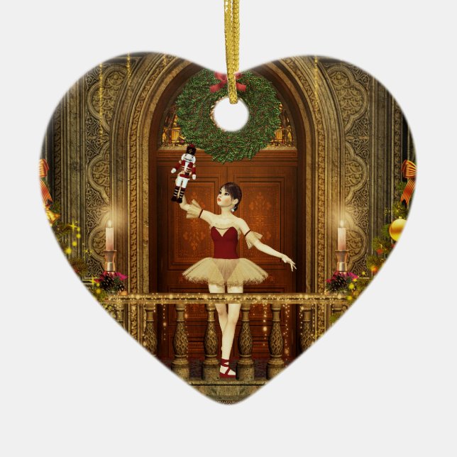 Ballerina and Nutcracker Christmas Heart Ornament (Front)