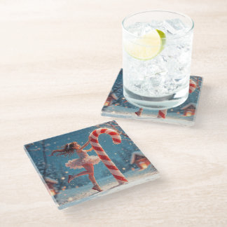 Ballerina Anime Girl & Candy Cane Christmas Glass Coaster