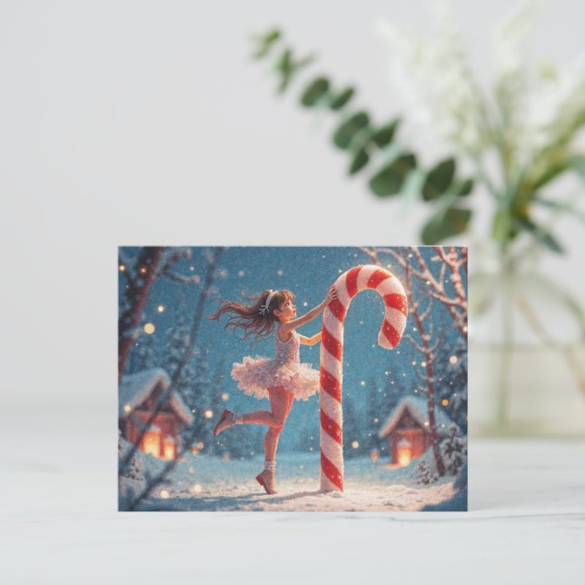 Ballerina Anime Girl & Candy Cane Christmas Postcard (Standing Front)