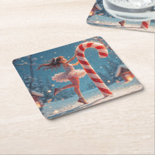 Ballerina Anime Girl & Candy Cane Christmas Square Paper Coaster