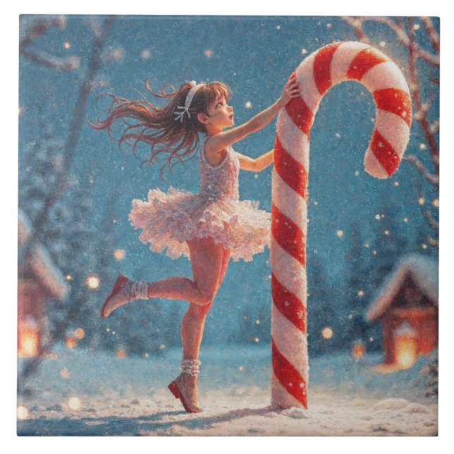 Ballerina Anime Girl & Candy Cane Christmas Tile (Front)