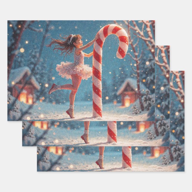 Ballerina Anime Girl & Candy Cane Christmas Wrapping Paper Sheet (Set)