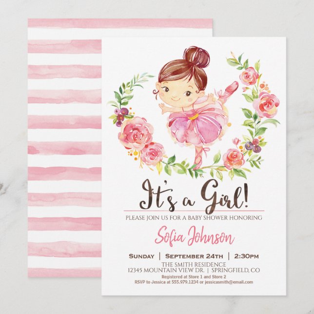 Ballerina Baby shower fille rose Invitation (Devant / Derrière)