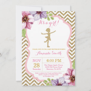 Ballerina Baby Shower Pink and Gold Glitter Invitation