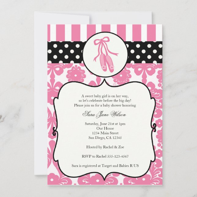 Ballerina Ballet Baby Shower Invitations - Pink (Front)