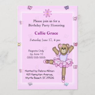 Ballerina Bear  Birthday Party Invitations