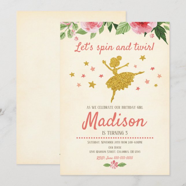 Ballerina Birthday Invitation / Vintage / Retro (Front/Back)