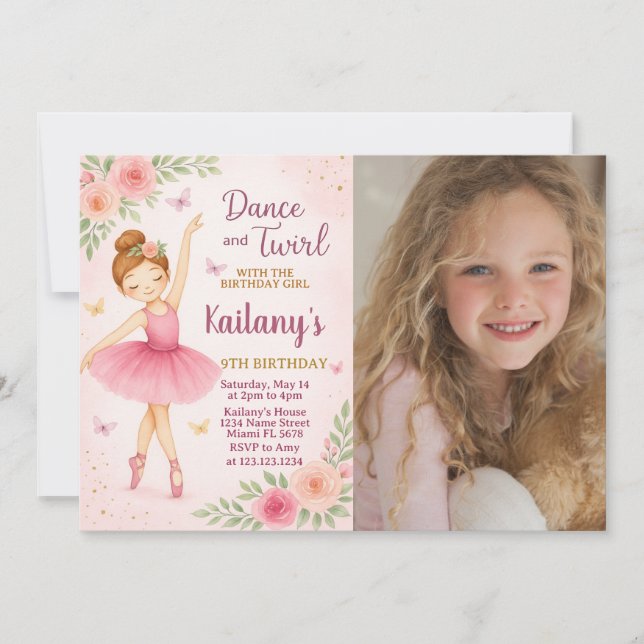 Ballerina Birthday Invitation with photo (Front)