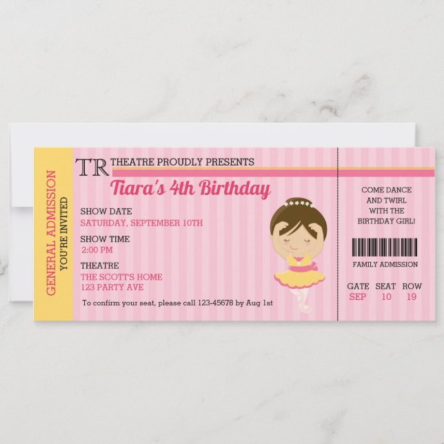 Ballerina Birthday Invitations (Ticket Style) (Front)