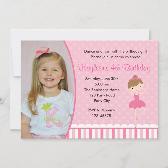 Ballerina Birthday Invitations with Photo (Pink) (Front)