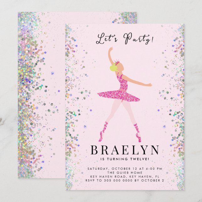 Ballerina Birthday Party Pink Glitter Design Invitation (Front/Back)
