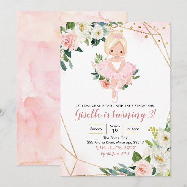 Ballerina Blonde Girl rose or Floral Invitation (Devant / Derrière)