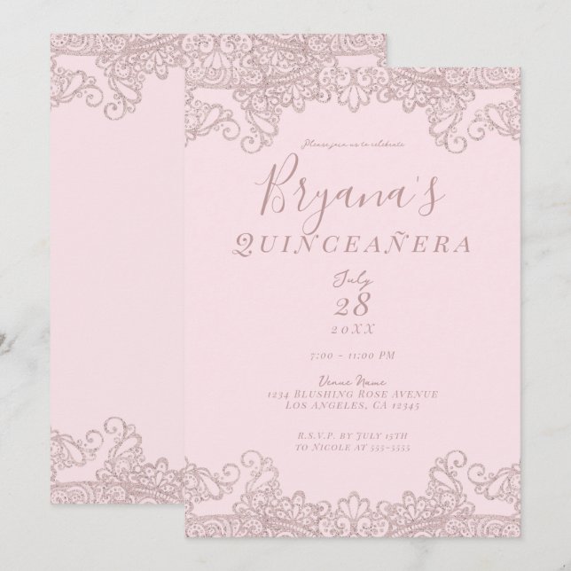 Ballerina Blush Pink Glitter Lace Quinceañera Invitation (Front/Back)