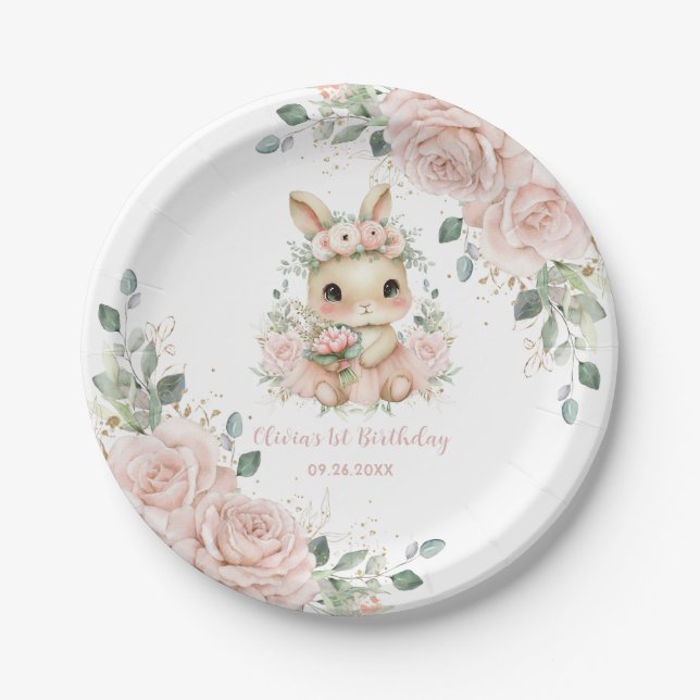 Ballerina Bunny Rabbit Blush 1st 2nd 5th Birthday Paper Plate (Front)