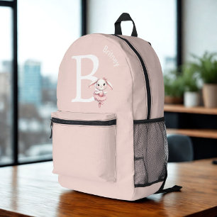 Ballerina Bunny Rabbit Monogram Name Pastel Pink Printed Backpack