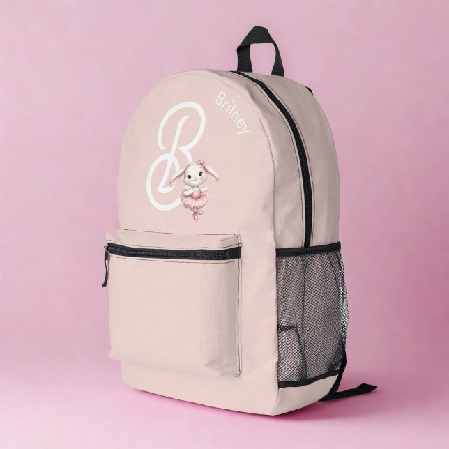 Ballerina Bunny Rabbit Monogram Name Pastel Pink Printed Backpack (Creator Uploaded)