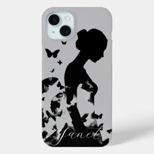 Ballerina & Butterflies Silhouette Black/Grey Name iPhone 15 Mini Case