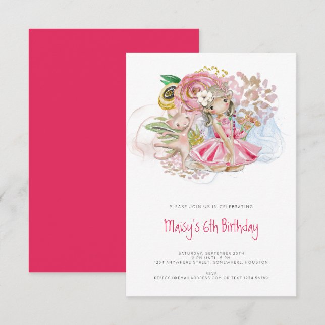 Ballerina Cat Florals Pink Girl 6th Birthday Party Invitation (Front/Back)
