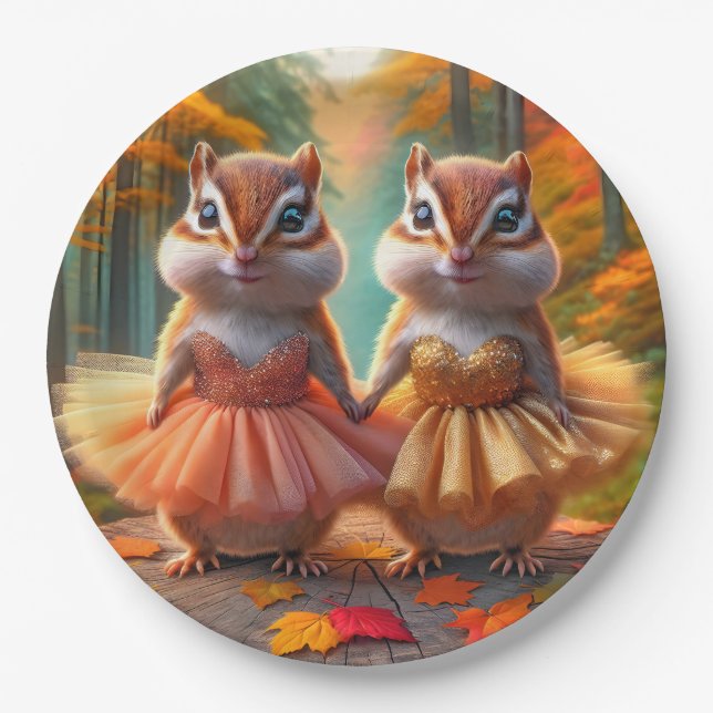Ballerina Chipmunks On a Fall Tree Stump Paper Plate (Front)