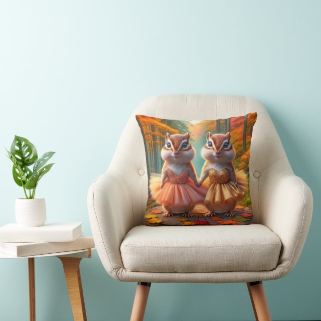 Ballerina Chipmunks On a Fall Tree Stump Throw Pillow (Chair)