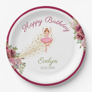 Ballerina Dancer Pink Floral Ballet Birthday Paper Plate