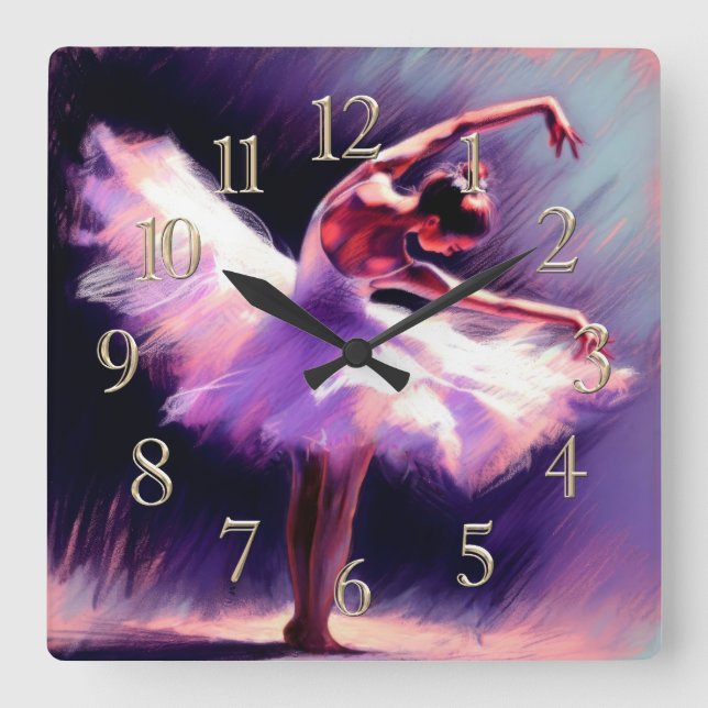 Ballerina Dancer Posing Pastel Drawing Purple Blue Square Wall Clock (Front)