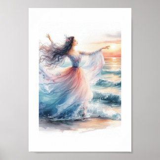 Ballerina Dancing on the Ocean Poster