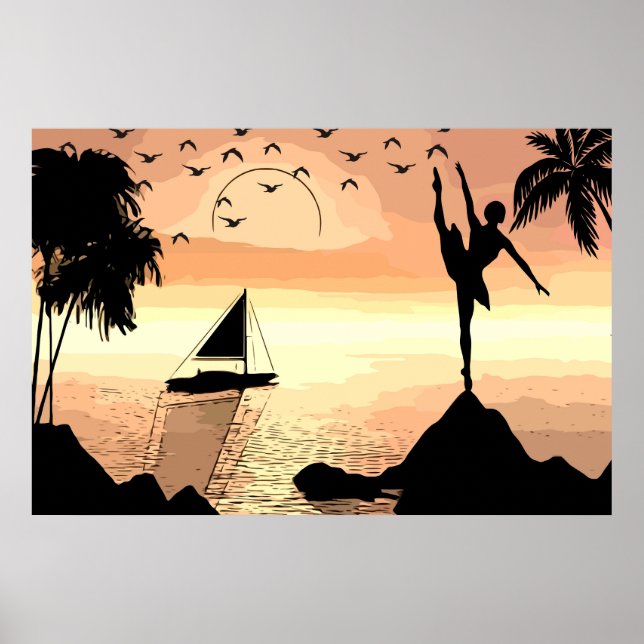 Ballerina Dancing Sunset Abstract silhouette Art Poster (Front)