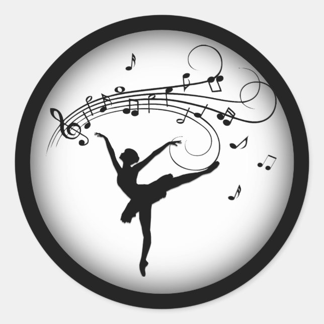 Ballerina Dancing with Music Notes Classic Round Sticker (Front)