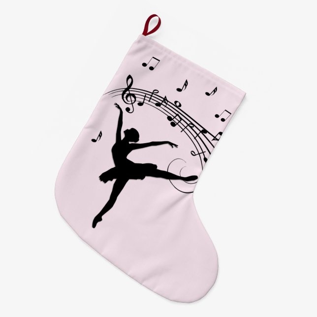Ballerina Dancing with Music Pink Large Christmas Stocking (Front (Hanging))