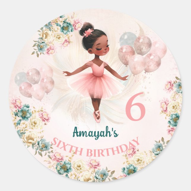 Ballerina Dark Skin Pink Teal Floral Birthday Classic Round Sticker (Front)