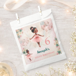Ballerina Dark Skin Pink Teal Floral Birthday Favour Bag