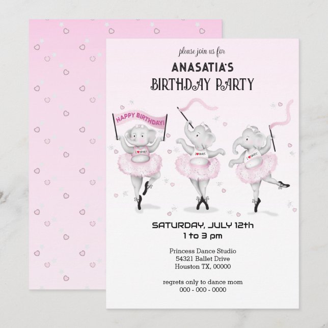 Ballerina Elephant Dance Recital Invitation (Front/Back)