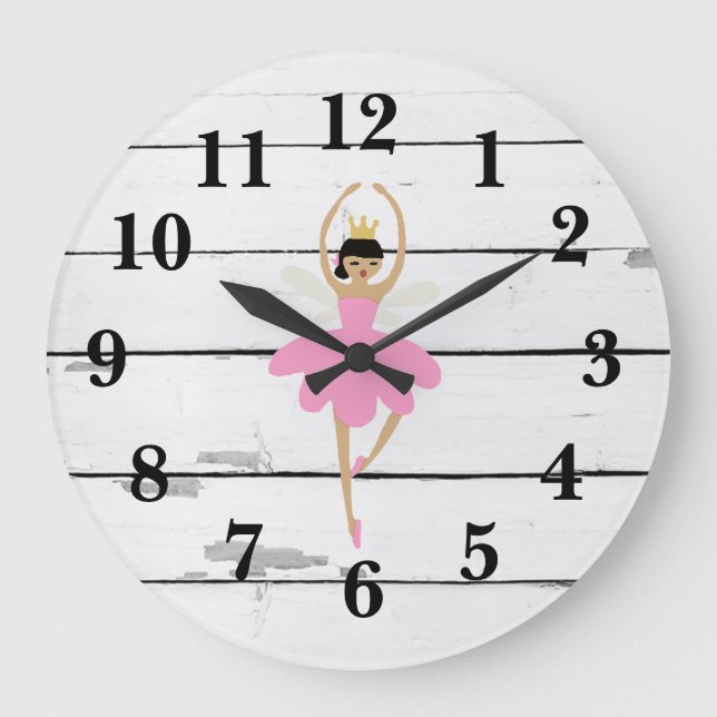 Ballerina Fairy Decor Rustic Shiplap Large Clock (Front)