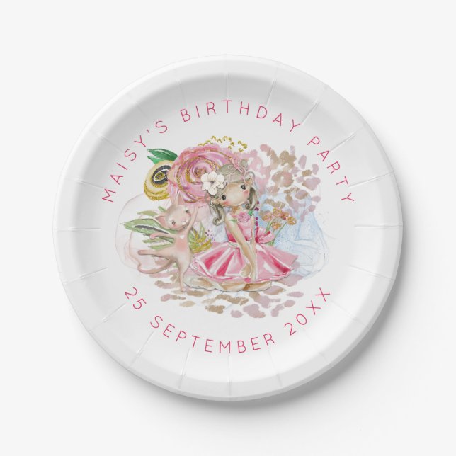 Ballerina Floral Cat Name Birthday Party Paper Plate (Front)