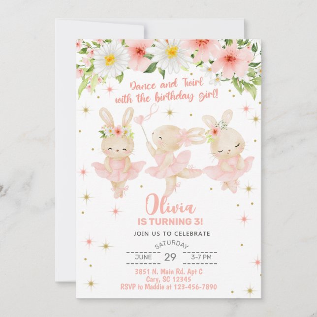 Ballerina girl birthday invite, bunny dance twirl. invitation (Front)