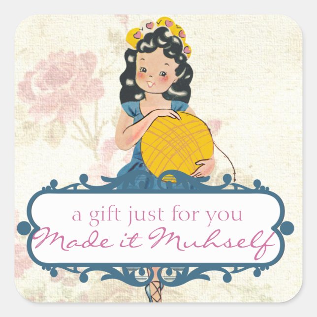 Ballerina girl knitting crochet ball of yarn label (Front)