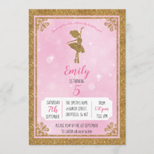 Ballerina Gold and Pink birthday party invitation