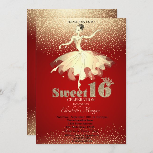 Ballerina,Gold Confetti Glitter Red Sweet 16 Invitation (Front/Back)